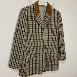 Wool Plaid Blazer Jacket with Contrast Collar - Beige/Navy